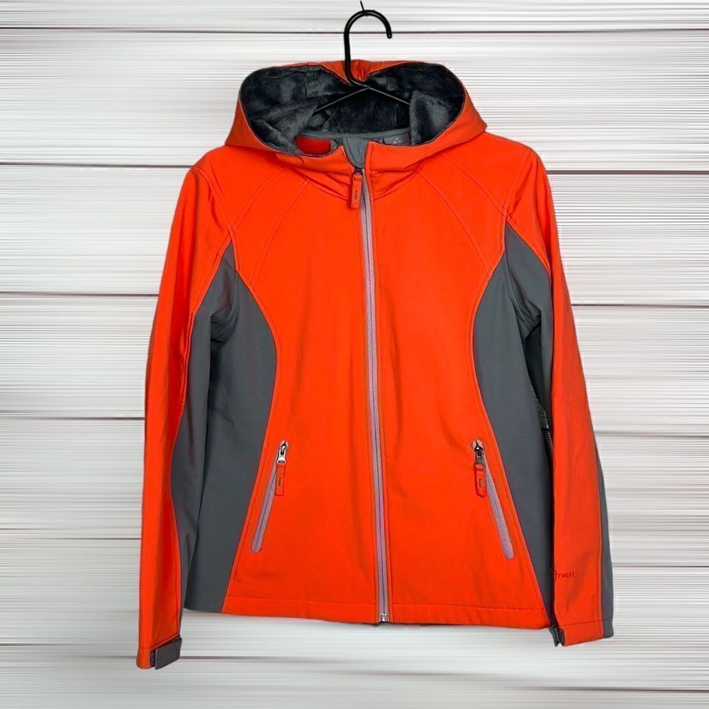NWOT Free Tech Zip Front Orange Gray Jacket Faux Fur Hoodie Pockets size M(8-10)
